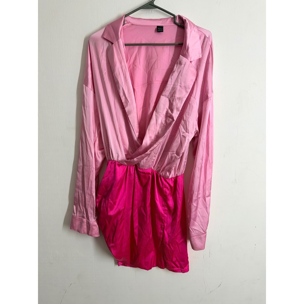 SHEIN Pink Colorblock Satin Mini Dress Long Sleeve Surplice V-Neck Size L 8/10